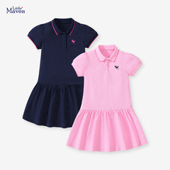 Little maven2024歐美燙畫童裙夏季女童短袖連衣裙純棉兒童公主裙