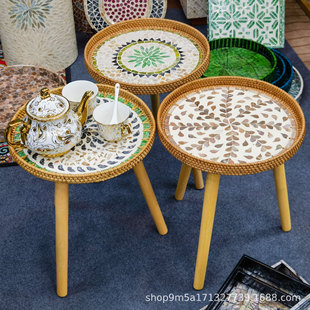 Nordic-style handmade rattan shell small coffee table square sofa small side table small round table picnic table storage