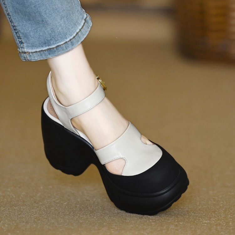 9cm Women's Summer Thick-Soled Closed-Toe Sandals with French Style, Single Strap, Waterproof Platform, Hollow-Out Roman High Heels