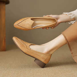 高跟鞋2025秋季新款女鞋粗跟低跟低帮鞋尖头复古一脚蹬浅口单鞋女
