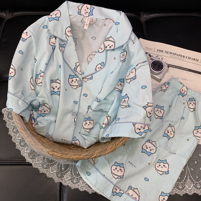 【蓝豹纹凯蒂猫】蓝色豹纹短袖云朵绵三件套褐色领睡衣女夏家居服|undefined