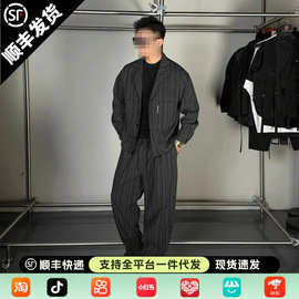【高品质】男春季新款潮牌宽松老钱风时尚西装领条纹休闲港风套装