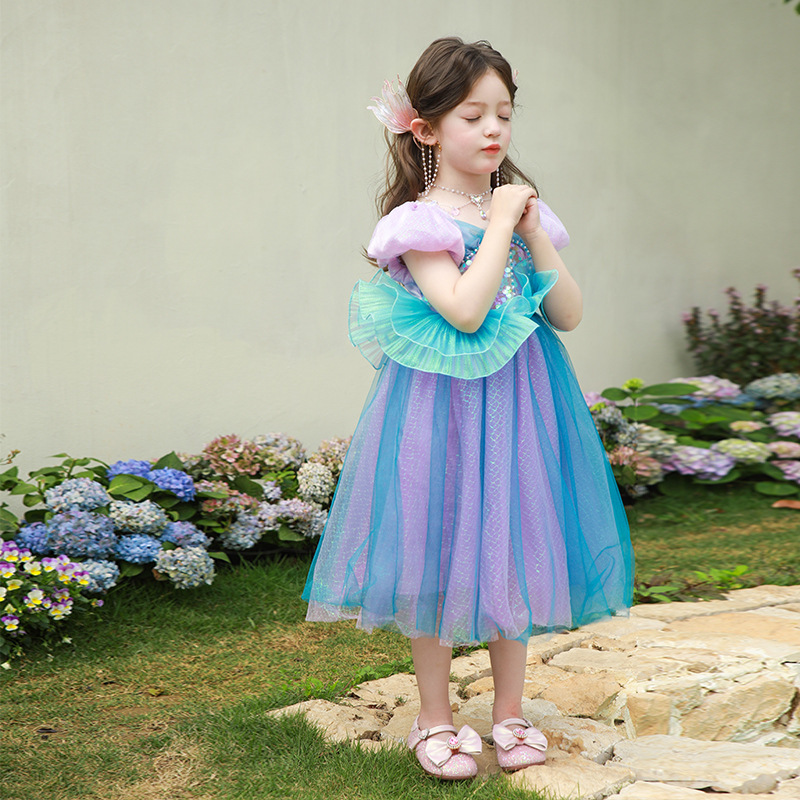 2025 Girls Mermaid Long Dress Princess Dress Summer Birthday Dress Cute Small and Medium Children's Wear Casual Dress