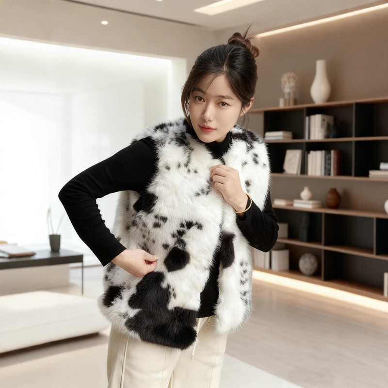 Amazon Cross-Border Foreign Trade European and American Clothing Fur Jacket Vest Autumn and Winter Small Cow Pattern Artificial Fur Vest Vest