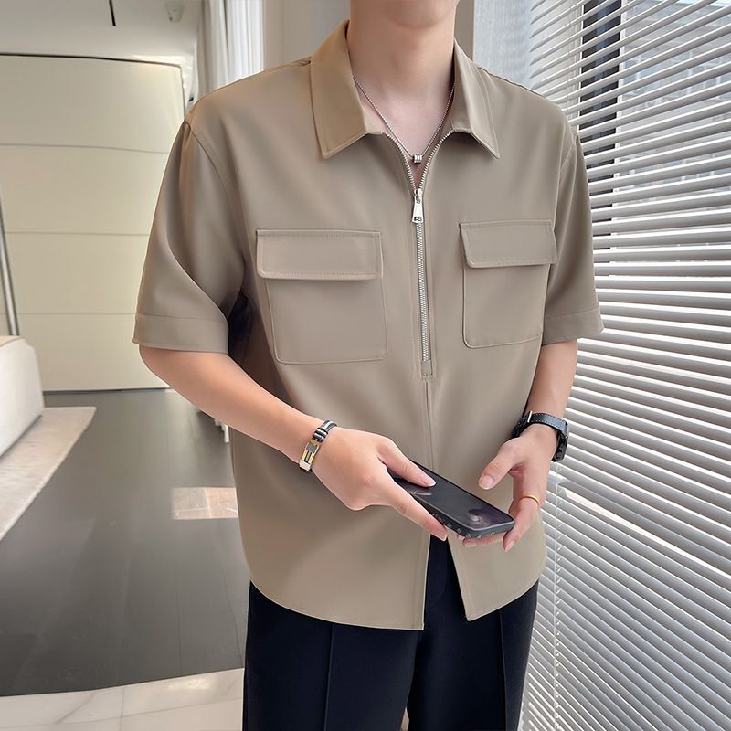 Summer Half-Zip Work Shirt for Men, Five-Quarter Sleeve 2026 New Style Ice Silk T-Shirt, Versatile Drapey Half-Sleeve Shirt, Trendy