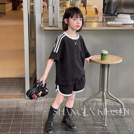 跨境女童韩版夏季套装儿童夏日洋气运动衣服中大童短袖短裤两件套