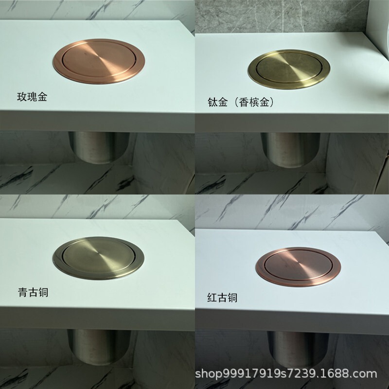 Built-In Rose Gold Swing-Top Trash Can for Washbasin with Antique Bronze Gun Gray Flip-Top Countertop and Titanium Lid Built-In Rose Gold Swing-Top Trash Can for Washbasin with Antique Bronze Gun Gray Flip-Top Countertop and Titanium Lid