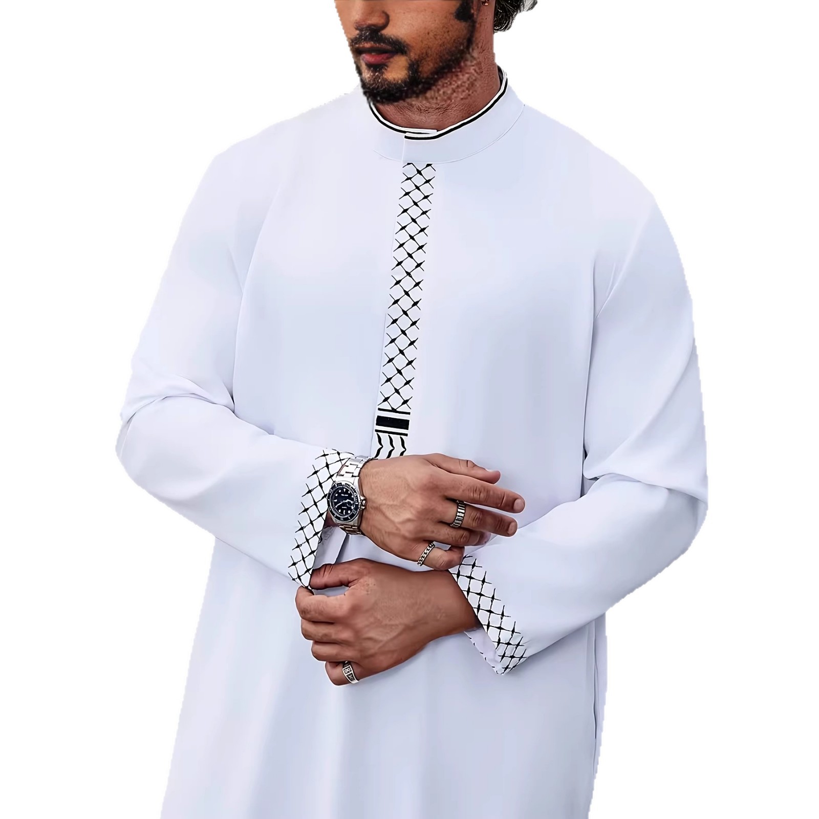 Muslim Fashion Kebaya "Men's Embroidered Arabic Robe – Middle Eastern Style Round Neck Loose Fit Thobe (White, S-XXL)"_voghion.com