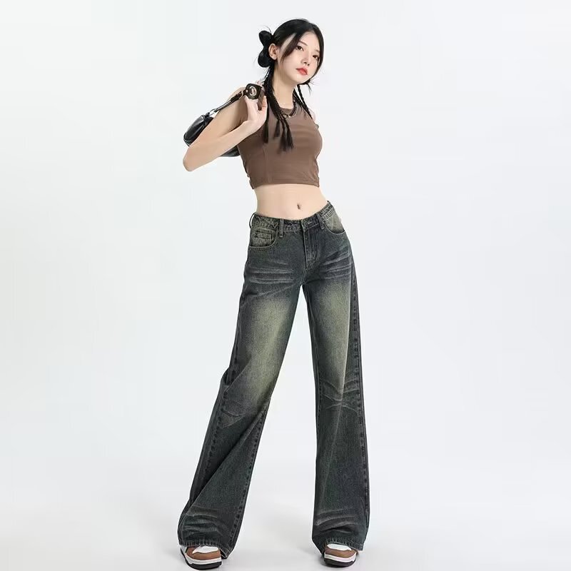 American Style Retro Hot Girl Low Rise Jeans Women's 2023 Summer Old Washed Wide Leg Pants Loose Straight Pants American Style Retro Hot Girl Low Rise Jeans Women's 2023 Summer Old Washed Wide Leg Pants Loose Straight Pants