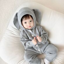 韩版婴儿连体针织衫男女宝宝可爱小熊耳朵兔耳朵连帽爬服连体衣服