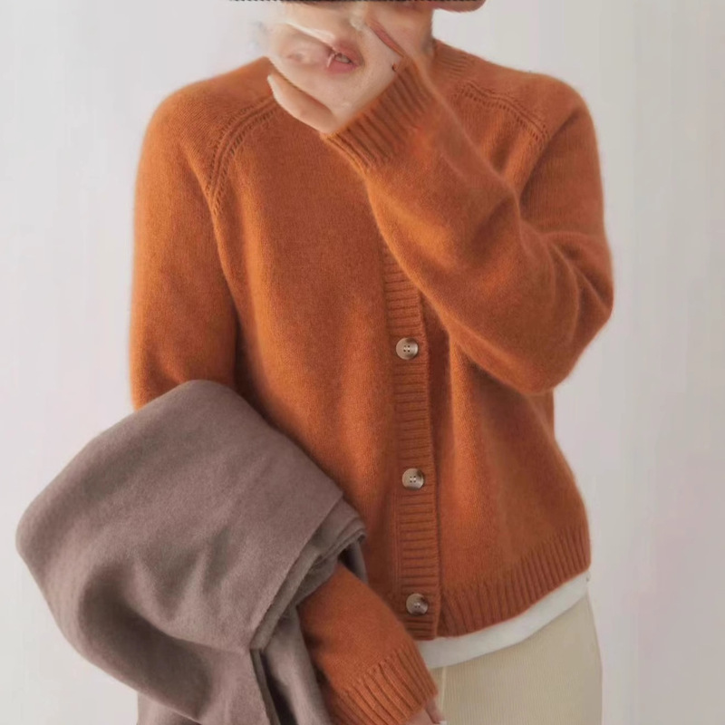 Autumn and Winter New 100% Pure Wool Cardigan Women's Round Neck Knitted Jacket Loose Slimming Look Sweater Outer Top Thickeneded