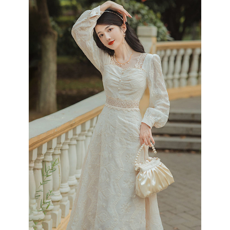 不加绒/加绒 蕾丝长裙女桔梗法式宫廷风连衣裙复古温柔年新款|undefined