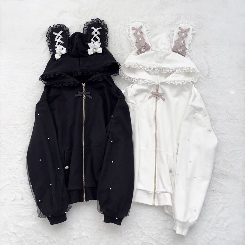 Japanese-Style Sweet Rabbit Ear Hooded Top for Girls, New Spring and Autumn Pearl Long-Sleeve Lace Zipper Shirt for Older Children Japanese-Style Sweet Rabbit Ear Hooded Top for Girls, New Spring and Autumn Pearl Long-Sleeve Lace Zipper Shirt for Older Children