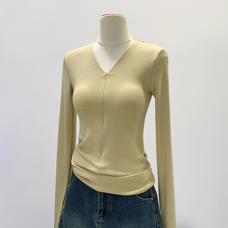 Foreign Trade Spot Invisible Zipper Right Shoulder Slim V Neck Long-Sleeved T-Shirt for Women 2025 Spring New Style Inner Layering Shirt