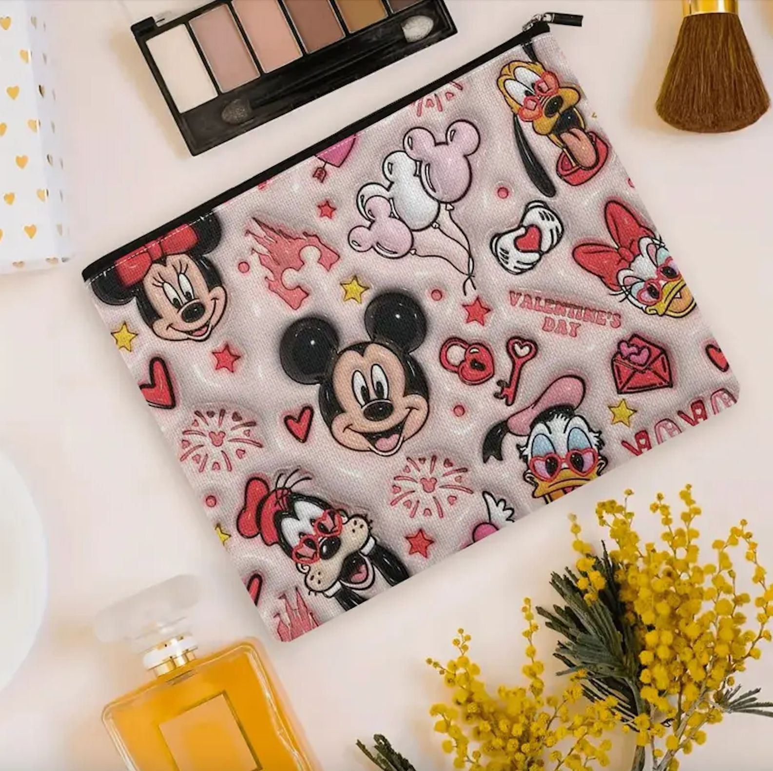 Amazon transfronterizo ratón bolsa de maquillaje rosa algodón y lino impresión doble bolsa de lavado de gran capacidad de almacenamiento de viaje