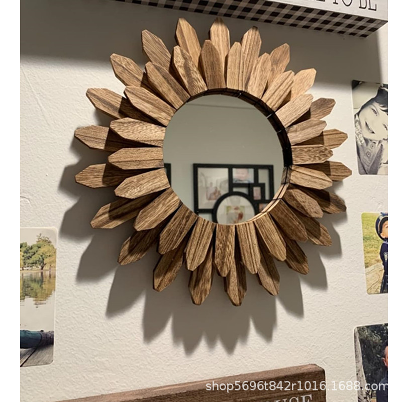 木质壁挂装饰镜 创意圆形镜拍照道具 洗手间洗漱台化妆镜民宿浴