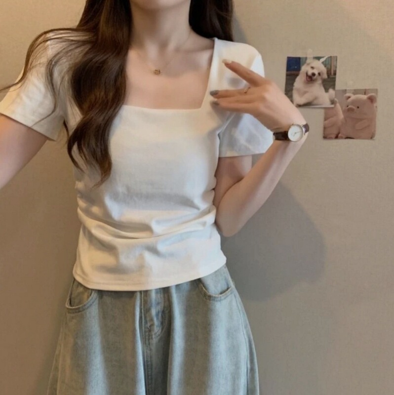 plus size Square Collar Shoulder Short-Sleeved T-Shirt Women's Summer New chubby girl Slim-Fit Slim-Fit Collarbone Spice Girls Short Top