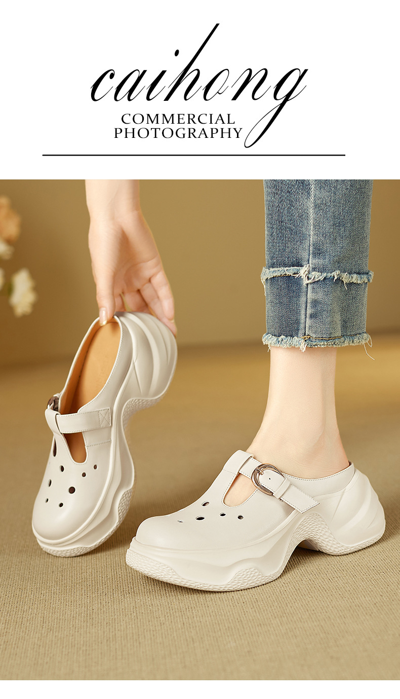 Dép sandal nữ đế bánh mì da bò mũi trùm quai chữ V — đen chi tiết 2