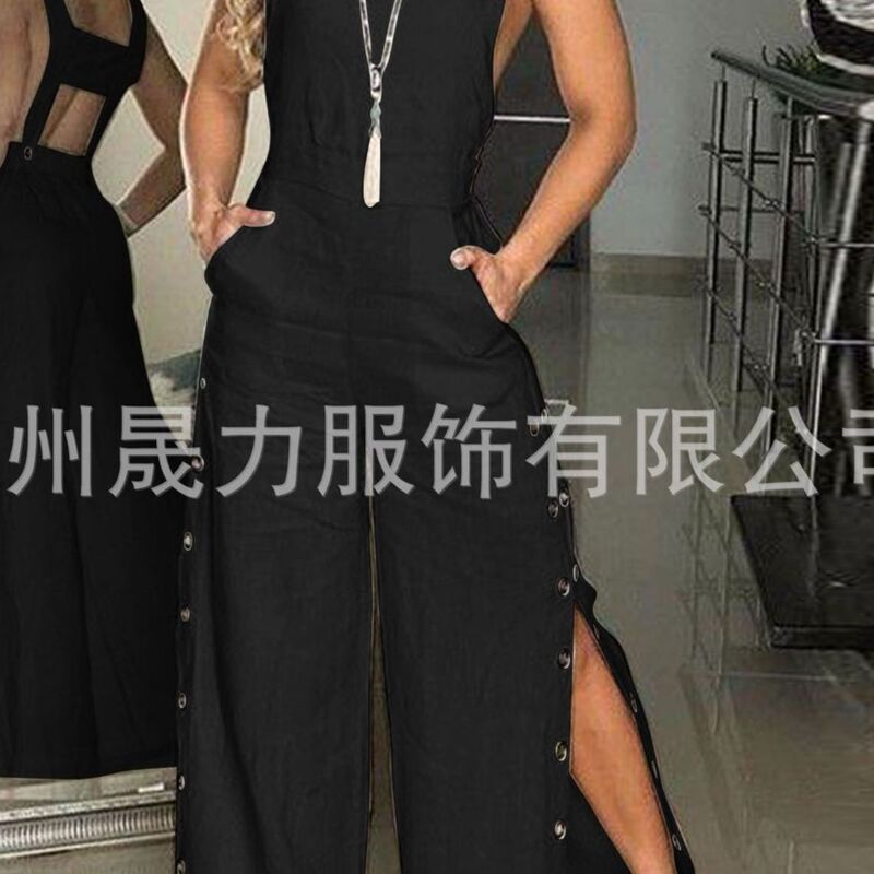 Ladies Solid Color Sleeveless Side Pocket Casual Wide Leg Side Buckle Romper Ladies Solid Color Sleeveless Side Pocket Casual Wide Leg Side Buckle Romper