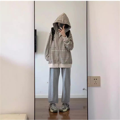 Women's Loose Hooded Striped Sweatshirt Cardigan Chic Hong Kong Style Top for Spring, Autumn, and Winter