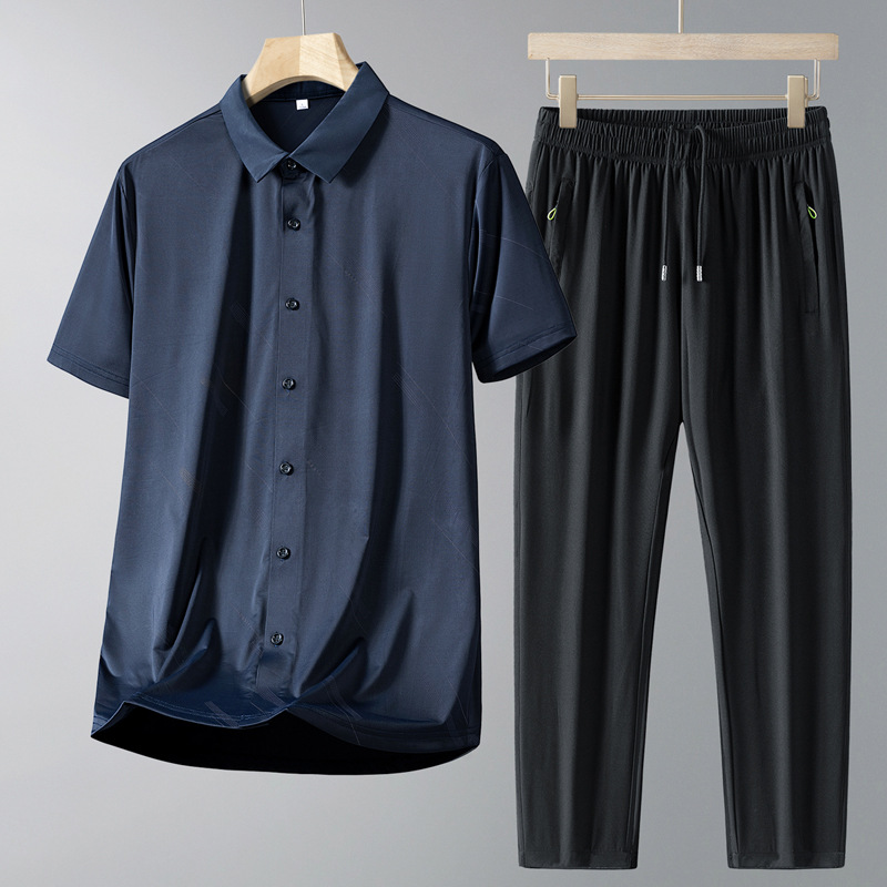 Papa de verano 2025 nuevo traje casual para hombre delgado cardigan de manga corta Polo cuello rayado de hielo dos piezas para hombre