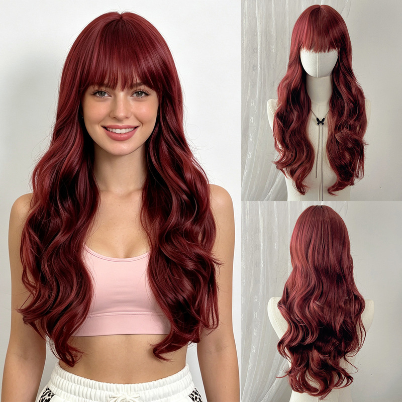European and American women's burgundy long curly hair full wig with bangs, high-temperature fiber, available for cross-border wholesale on Amazon