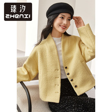 臻汐新款女V领长袖时尚毛呢短外套直筒休闲气质厚大衣CQ080