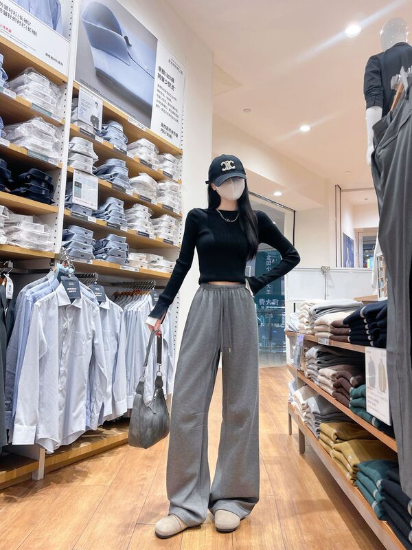 lulu藏青色运动神裤女2025秋冬季新款阔腿裤高腰显瘦垂感休闲卫裤|undefined