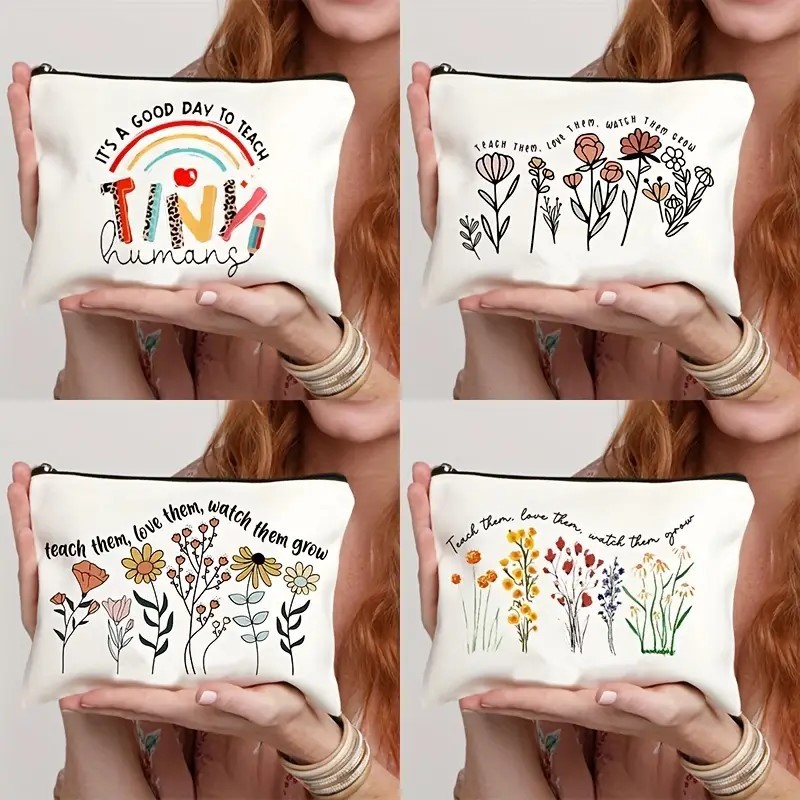 Transfronterizos Amazon día del maestro bolsas de maquillaje patrón de letras lino impresión doble cara maquillaje zipper bolsas damas