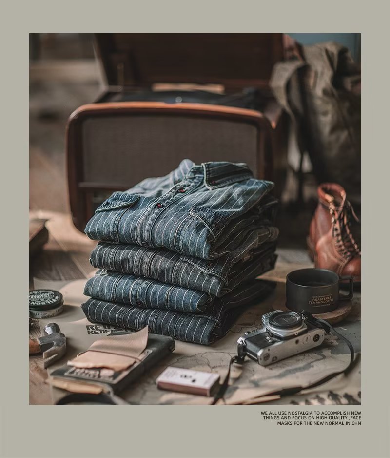 Herren Denim Hemd Japanischer Retro Style Langarm Gestreift_voghion.com