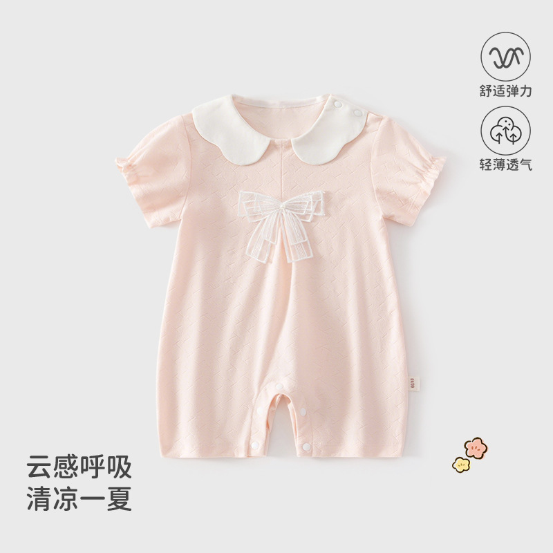 Baby Summer Short-Sleeve Romper, Anyang Children's Clothing, Breathable Doll Collar with Bow, Class a Cotton, Factory Supply