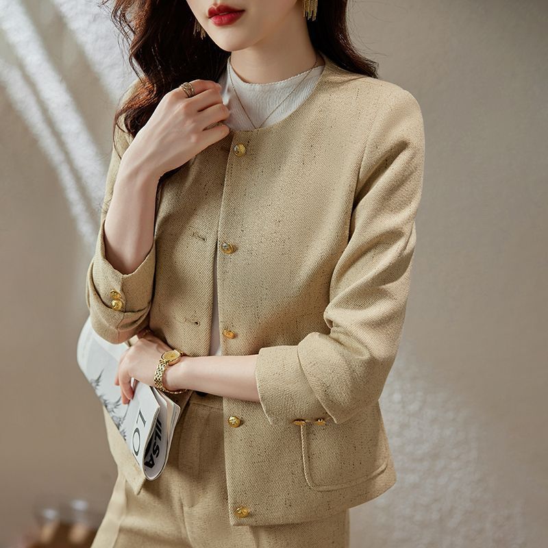 工厂直销百搭圆领小西装外套女2025春装修身两件套通勤时尚西服|undefined