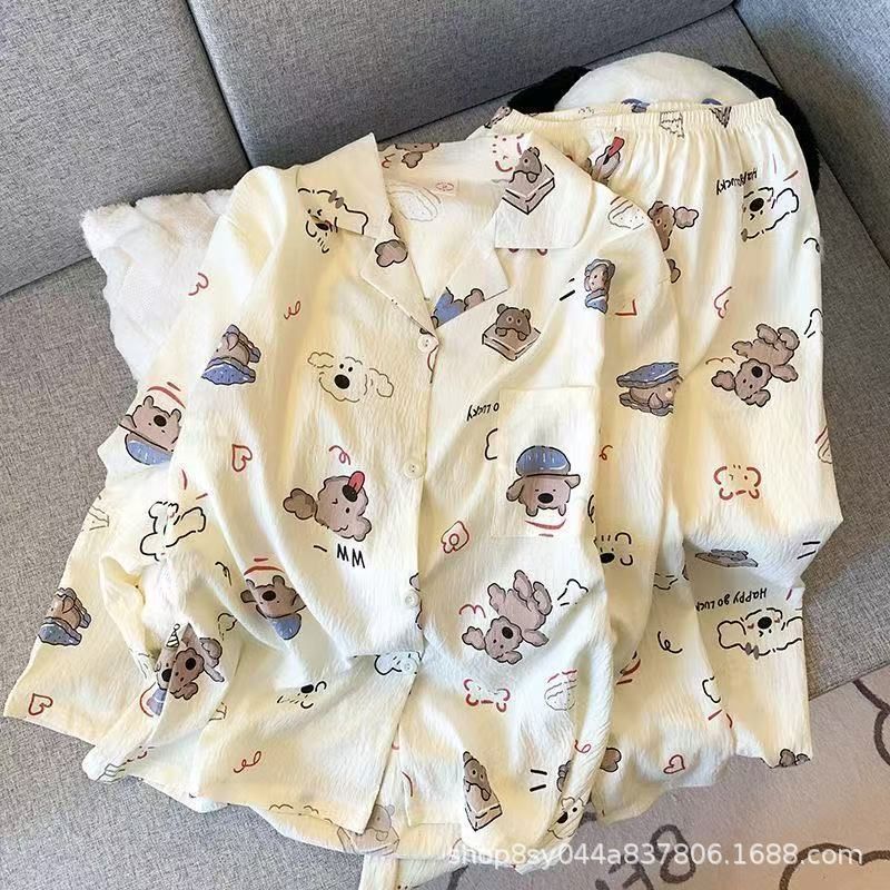 Dolce niña encantadora caricatura perro impresión pijama mujer primavera y otoño nuevo suelto pantalones largos de mangas largas set de ropa para el hogar