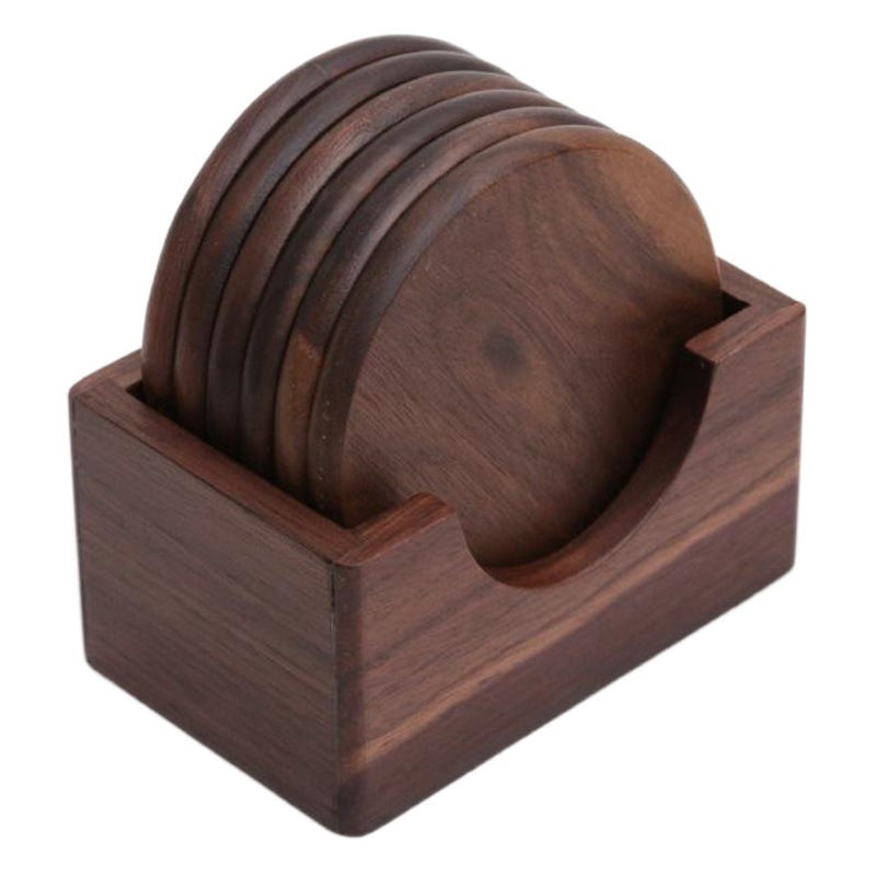 Taza estera redonda japonesa taza de té estera Mantel Individual taza de café estera de aislamiento de madera maciza 6 piezas ceremonia del té traje negro nogal madera