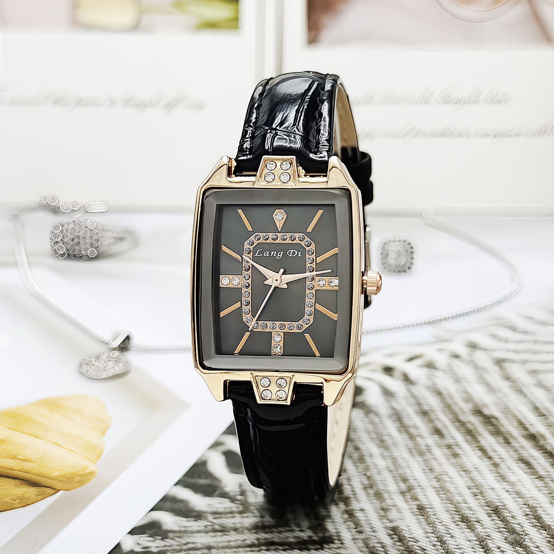 New Square Women's Watch, Women's Style with Diamonds, Niche Starry Sky Design, High-End Student Quartz Watch, Cross-Border
