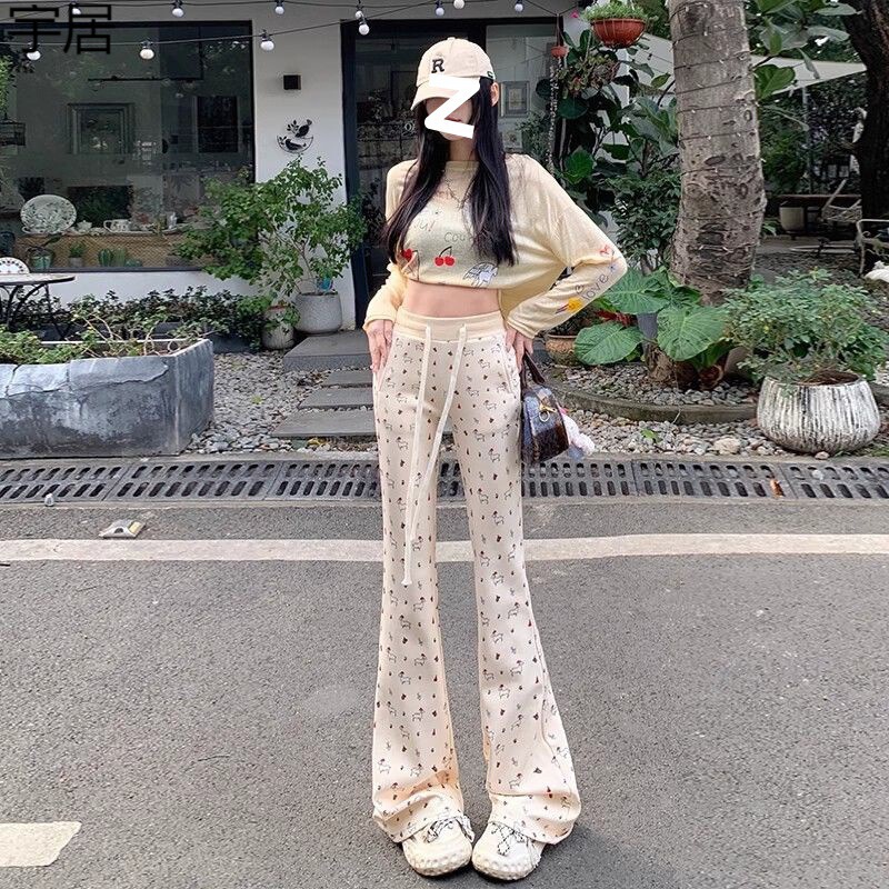 Christmas Puppy Printed Micro-trumpet Sweatpants Women's Spring High Waist Drawstring American Style High Street Casual Slimming Pants