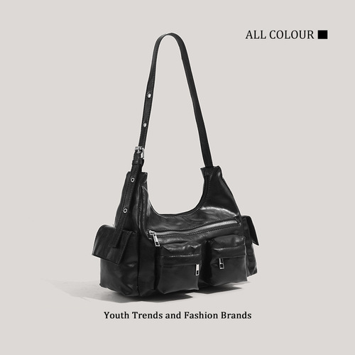 CHARHP&KEJNT High-End Motorbike Style Unisex Shoulder Bag with Detachable Strap, Multiple Pockets, Hand-Holdable Fashion Bag