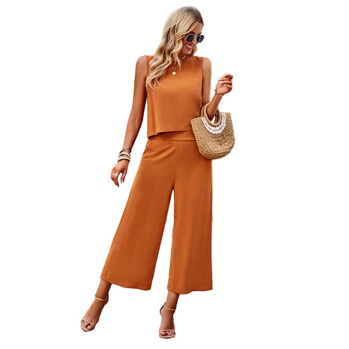 Cross-border Amazon Fashion Set for Women 2024 Summer Temperament Sleeveless Elegant Casual Top Cropped Pants Two-piece Set