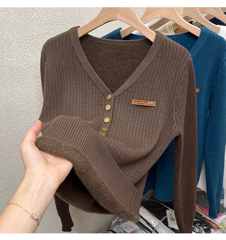 Women's Fuzzy Button Sweater