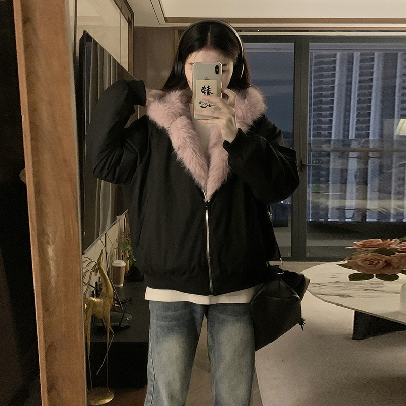 Calle de estilo americano chaqueta de algodón piel de lana de hierba corta ropa de algodón mujer sombrero de invierno en ambos lados ropa de algodón abrigo grueso image 5