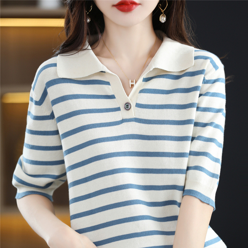 Foreign Trade Lapel polo Knitwear Women's Cotton Knitwear Spring and Summer Short-sleeved Thin Striped T-shirt Top
