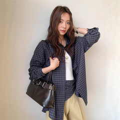 广州十三行2025秋冬韩系气质通勤混纺修身单排扣格子衬衫女02991