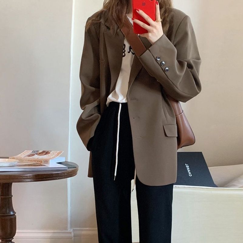 咖色西装外套女春秋新款韩版休闲英伦风设计感学生网红西服上衣女|undefined
