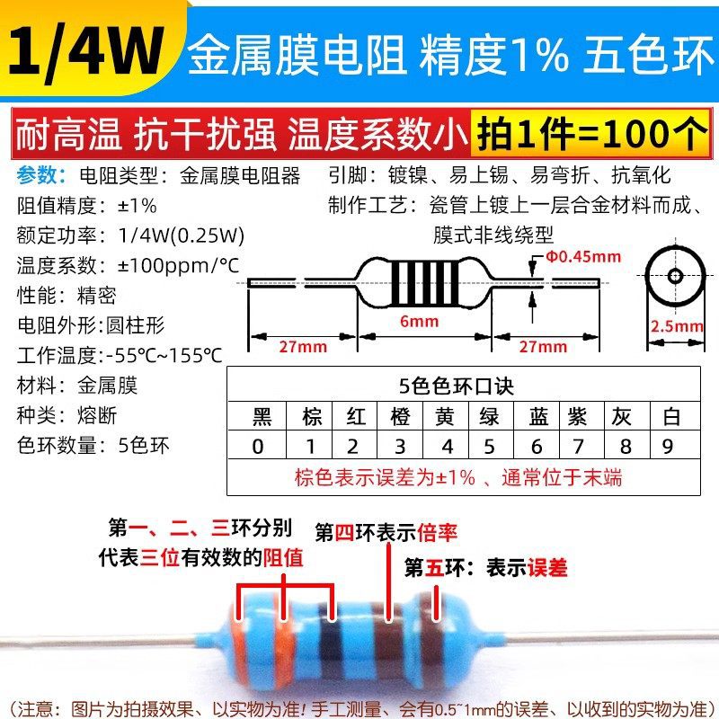 1/4W 1/2W 1W 2W 3W 5W金属膜电阻器元件1%五色环22欧姆1K10K4.7K