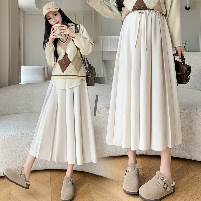 Плиссированная юбка беременной женщины без живота тонкая юбка полутень женская осень и зима новая беременная женщина средней и длинной шерстяной юбка