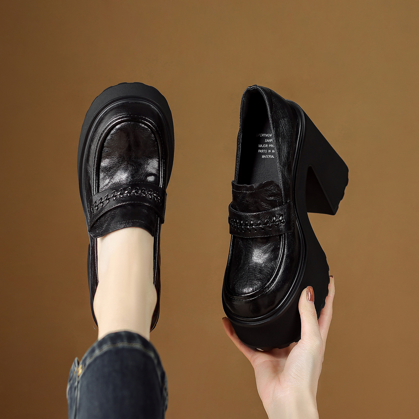 Giày loafer nữ đế dày da cừu non phong cách JK — màu nâu
