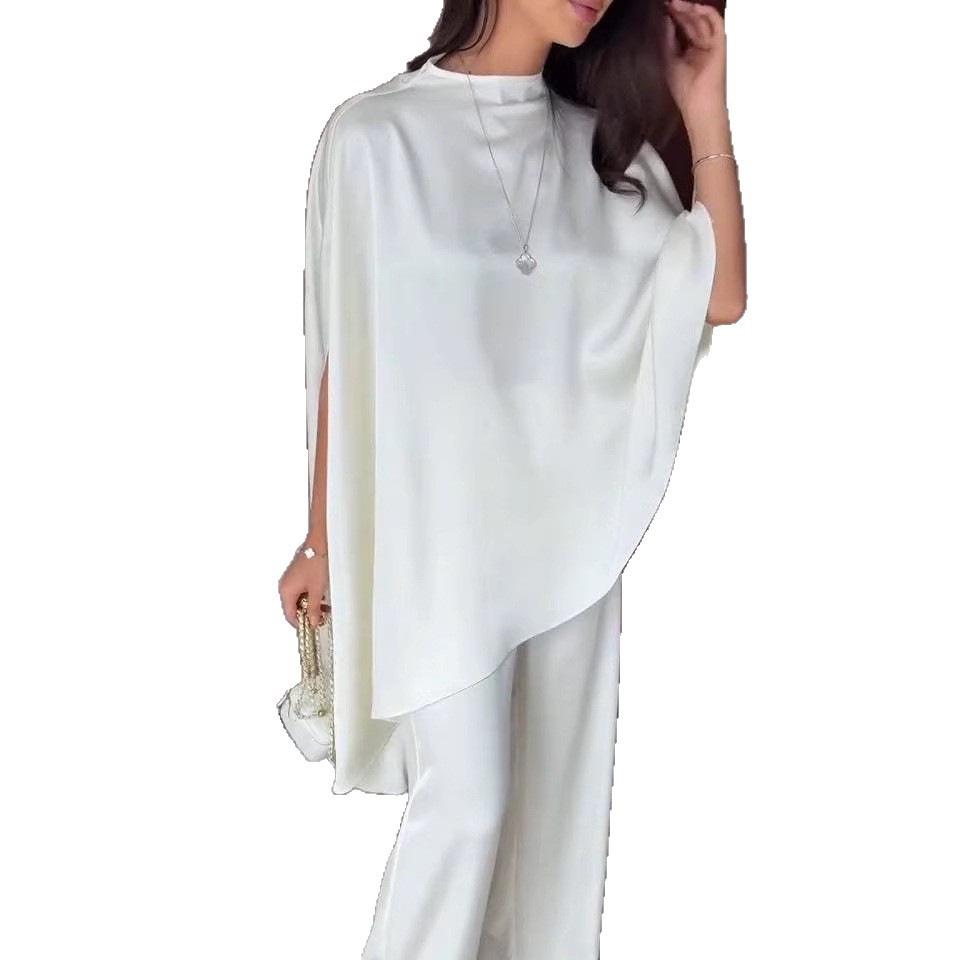 Women's Clothing Women's Fashion Satin Set With Designer Shawl Top And Wide Leg Pants Irregular Two Piece Ensemble_ecoleips.com