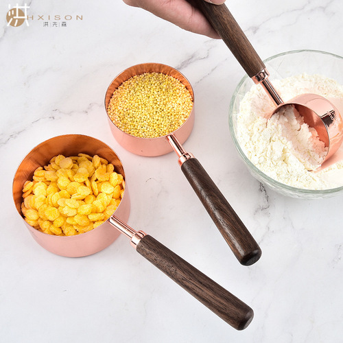 Cross-border stainless steel copper-plated measuring cup measuring spoon 8-piece set walnut handle rose gold 4-piece measuring cup measuring spoon Amazon