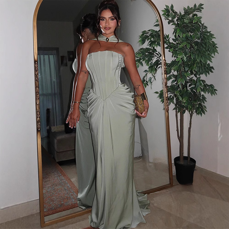 Hip-Hugging Skirt, Slim and High-End, 2025 Summer Cross-Border Aliexpress Hot Style, Elegant Lady Tube Top, Waist-Cinching Pleated Long Skirt