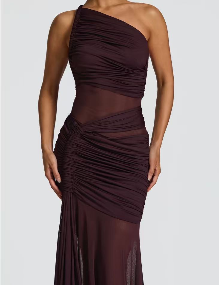 Europe And America Cross Border New Slant Shoulder See-through Pleated Dress